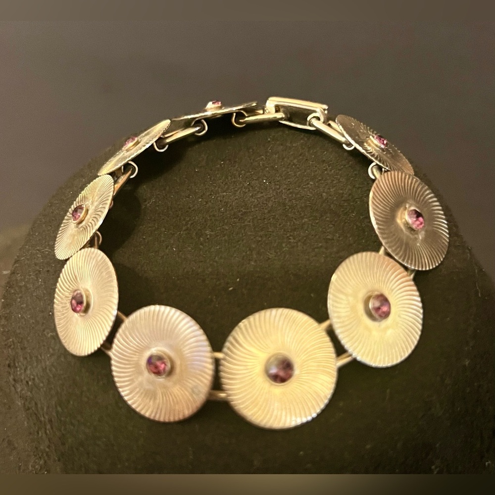 Vintage Amethyst and Gold-Tone Round Linked Bracelet, 6.5” in Length